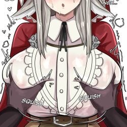 1boy 1girls animal_ears breast_grab dark-skinned_male dark_skin fire_emblem fire_emblem_fates grayside grey_hair groping groping_breasts large_breasts light-skinned_female light_skin nintendo pov sweat sweaty velouria_(fire_emblem) wolf_ears