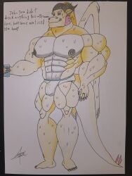 3:4 abs absurd_res anthro biped blue_eyes bodily_fluids briefs bulge clothing detailed_bulge dragon elliot_callios english_text glass hi_res iced_tea male male_anthro married_couple maximonake membrane_(anatomy) membranous_wings muscular muscular_anthro muscular_male mythological_creature mythological_scalie mythology nipples red_body red_scales scales scalie solo sweat text underwear wet_briefs winged_dragon wings yellow_body