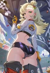 1girls 2026 ai_generated alternate_costume ass ass_focus big_ass big_butt big_thighs black_shorts black_topwear blonde_female blonde_hair day exposed_ass exposed_midriff female female_focus female_only green_eyes holding_object hoyoverse long_hair looking_at_viewer looking_back low-angle_view lunealter mihoyo partially_clothed piper_wheel raceplay sfw small_breasts thick_ass thick_butt thick_hips thick_legs thick_thighs uncensored white_jacket zenless_zone_zero