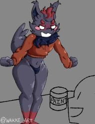 absurd_res ambiguous_gender angry anthro anthro_focus biped blush bulge clothing detailed_bulge duo front_view generation_5_pokemon grey_background hi_res hoodie human male male_focus mammal nintendo paint_bucket pokemon pokemon_(species) simple_background smile solo_focus standing thick_thighs thong topwear underwear wakke yelling_at_another zorua