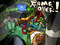4:3 ambiguous_gender anal_fluids anthro blue_screen_of_death blush blushing_profusely bodily_fluids camera camera_head cardboard_armor chainsaw_dave_(jtlavaman) chest_(container) dungeon_mauler duo electronics electrostimulation equid equine game_over gameplay_mechanics genital_fluids grabbing grass holding_self hole_(anatomy) intersex intersex/male jtlavaman light light_beam low_res lying machine male mammal omni_(jtlavaman) on_back on_grass on_ground orifice_tugging penetration plant precum robot shocked strain sunbeam sunlight sweat traffic_cone unusual_anatomy unusual_penetration wire_play