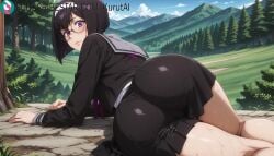 1girls ai_generated all_fours artist_name artist_signature ass black_hair black_serafuku black_skirt glasses hi_res high_resolution highres kurutai lee_bora looking_at_viewer looking_back outdoors purple_eyes school_uniform short_hair skirt solo solo_leveling subscribestar subscribestar_username sweat uncensored wet
