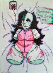 1boy amputation amputee bed_sheet belly black_hair bodysuit bubble_ass bubble_butt chubby chubby_femboy chubby_male coldheart_taiga coldheart_taiga_(artist) curvy fat_male helpless helpless_male latex latex_suit oc original_character pale_skin pink_eyes scars thighs thighs_bigger_than_head tight_clothing traditional_art traditional_drawing_(artwork) traditional_media traditional_media_(artwork) tummy white_skin