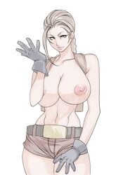 big_breasts black_gloves braid breasts brown_eyes brown_hair busty daikon_(artist) female female_focus female_only gloves hourglass_figure huge_breasts lara_croft lara_croft_(classic) large_breasts long_hair looking_at_viewer navel nipples short_shorts shorts single_braid smile solo tagme tied_hair tomb_raider topless wide_hips