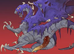 2020 animal_genitalia animal_penis anus buta99 capcom claws colored digital_drawing_(artwork) digital_media_(artwork) elder_dragon feral genital_slit genitals gradient_background gradient_penis grey_body grey_scales larynkir lying male monster_hunter multi_eye on_side penis plating purple_sheets raised_tail red_background red_penis ridges scales shaded silk silk_sheet simple_background solo spiked_penis spikes spikes_(anatomy) tail tapering_penis teeth vaal_hazak wings yellow_eyes yellow_penis