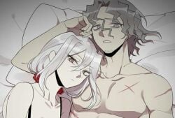 1boy 1boy1girl 1girls brown_eyes danganronpa_another fanganronpa female gray_eyes gray_hair grey_eyes grey_hair hashimoto_shobai lying_on_back lying_on_bed male male/female sdra2 sora_(super_danganronpa_another_2) stubble super_danganronpa_another_2 white_hair