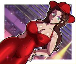 1girls 2d big_boobs big_breasts big_tits bracelet brunette busty city city_background cityscape cocktail_dress curvaceous curvy curvy_figure digital_drawing_(artwork) earring eyeshadow formal formal_wear green_eyes hand_on_hip hat hi_res hourglass_figure mario_(series) nintendo pauline pose posing red_dress robveemo solo solo_female super_mario_odyssey tight_clothing tight_dress video_game_character wide_hips