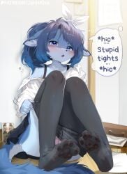 2026 absurd_res accessory anthro asahi_super_dry beverage_can black_nose blue_eyes blue_hair blush bottomwear bow_ribbon bra briefcase canid canine clothed clothing drunk female fox frown frustrated genitals hair hair_accessory hair_bow hair_ribbon hi_res janiskisa kemono legwear mammal miniskirt off_shoulder off_shoulder_shirt paper pawpads ponytail ribbons shirt skirt solo speech_bubble substance_intoxication tights topwear underwear undressing vulva
