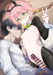 1boy 1girl absurdres antenna_hair bar_censor blonde_hair blush braid bunny_girl censored closed_eyes coffeekite couch erection fellatio gradient_hair hair_between_eyes hetero highres long_hair multicolored_hair nose_blush oral original penis pink_hair pov single_braid solo_focus trembling uni_(coffeekite) veins veiny_penis