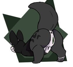 anus black_body butt clitoris coppermonoxide female genitals green_eyes green_vulva horn leg_accessory less_(ryanbutfurry) looking_at_viewer markings penis presenting presenting_hindquarters rain_world scale_markings scales simple_background slugcat smug solo videocult vulva
