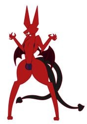 bat_wings canid canine curvy demon fangs furry holidaygirl male no_eyes red_body sling_bikini spade_tail thick_thighs two_tails
