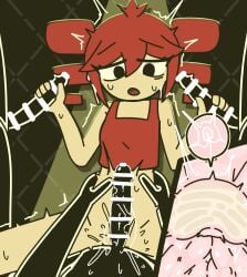 1girl 3boys bar_censor black_eyes censored censored_penis cum cum_in_pussy cum_inside double_handjob ejaculation handjob kasane_teto mv_character open_mouth penis red_hair red_shirt sex sleeveless sleeveless_shirt song_request speech_bubble spotlight sweat twin_drills utau voifoooork