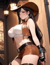 against_wall ai_generated bare_arms bare_shoulders belt big_breasts black_gloves black_hair brown_miniskirt brown_skirt brown_vest cleavage cowboy cowboy_boots cowboy_hat cowboy_shot cowgirl cowgirl_outfit cropped_vest final_fantasy final_fantasy_vii lamp long_hair looking_at_viewer miniskirt red_eyes seductive seductive_smile tifa_lockhart white_shirt wood