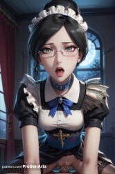 1boy 1boy1girl 1girls ai_generated apron artist_name black_dress black_hair breasts choker clothed_sex collar cowgirl_position cum curtains dress dress_lift female garter_belt girl_on_top glasses grey_eyes hair_bun hetero hi_res indoors looking_at_viewer maid maid_headdress medium_breasts moon night no_panties open_mouth overlord_(maruyama) patreon_username penis pov pov_crotch progenarts puffy_short_sleeves puffy_sleeves pussy semi-rimless_eyewear sex short_hair short_sleeves solo_focus spread_legs straddling thighhighs uncensored vaginal vaginal_penetration vaginal_sex watermark web_address window yuri_alpha