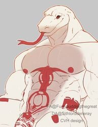 1boy anthro flaccid forked_tongue furrypuddingthegreat humanoid_penis male male_only markings muscular muscular_male nipples nude pecs penis reptile scalie smile snake solo solo_focus tattoo tongue tongue_out vein