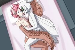above_view antennae_(anatomy) anthro bedroom black_sclera blue_eyes breasts bug_girl canon_x_oc commission commissioner_upload cuddling flat_chest hand_on_arm harpy leg_lock monster_girl monster_girl_quest monster_girl_quest_paradox moth moth_girl oc_x_canon on_bed original_character red_eyes reina_(mon-musu_quest!) silence_ezera small_breasts smile white_fur white_hair winged_arms wings