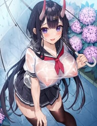 1girl 1girls 2026 black_skirt black_thighhighs blush breasts cleavage collarbone comic_unreal covered_nipples hair_ornament hairclip holding holding_umbrella horns large_breasts long_hair looking_at_viewer looking_up miniskirt no_bra oni_horns open_mouth original outdoors pleated_skirt purple_eyes purple_hair rain school_uniform see-through_clothes serafuku shirt short_sleeves skirt smile solo tagme thighhighs thighs umbrella wet wet_clothes white_shirt xe_(execut3r)