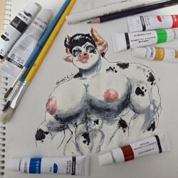 absurd_res anthro black_hair black_spots bovid bovine cattle female fur green_eyes hair hi_res holstein_friesian_cattle ingrid_(limbo6_6) limbo6_6 mammal muscular muscular_anthro muscular_female nipples oil_painting_(artwork) painting_(artwork) pink_nipples pink_nose solo spots traditional_media_(artwork) traditional_painting_(artwork) white_body white_fur