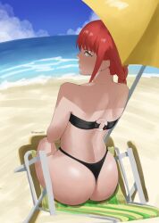 2026 artist_name artist_request ass ass_focus beach bikini chainsaw_man looking_at_viewer looking_back makima_(chainsaw_man) red_hair sitting tagme umbrella