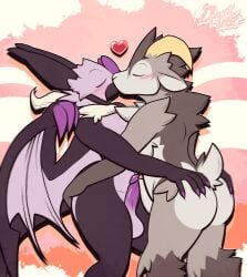 anthro back_wings balls black_body black_fur bovid butt butt_grab caprine curved_horn duo dustythebat erection eyes_closed fur generation_6_pokemon genitals grey_body grey_fur hand_on_butt heart_symbol hi_res horn humanoid_genitalia humanoid_penis kissing male male/male mammal membrane_(anatomy) membranous_wings nintendo noivern nude penis pokemon pokemon_(species) purple_body purple_fur purple_membrane sheep white_body white_fur wings