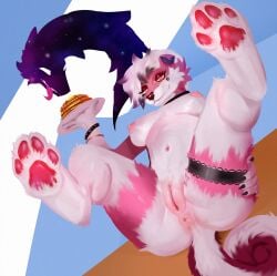 anthro anus breasts butt canid canine canis clitoral_hood clitoris cosmic_fur cosmic_hair dark_eyeshadow domestic_dog eldritchhippo ethereal_hair exposed_breasts female food fur genitals hi_res legs_up lying mammal nipples on_back pancake paws pink_anus pink_body pink_eyes pink_fur pink_nipples pink_paws pink_vulva plate plumpy_vulva presenting shadow solo spread_legs spreading suggestive suggestive_look sweets tail thick_thighs vulva white_body white_fur