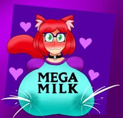 1girl 1girls 2d artist_upload big_boobs big_breasts blushing bobcut breast_milk cat_ears cat_mouth catgirl clothed clothed_female collar glasses green_eyes huge_boobs huge_breasts lactating lactating_through_clothing lactation lactation_through_clothes lactation_without_expressing leaking_milk milk nico_koneko_(artist) nico_koneko_(oc) oc original original_character red_hair shirt solo solo_female t-shirt