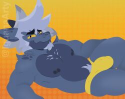 anthro bulge clothed clothing detailed_bulge hi_res iguanaarty kobold looking_at_viewer lying male nipple_fetish nipples on_back scalie solo underwear underwear_only