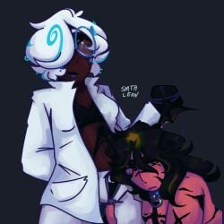 2026 alternate_version_available black_hair cookie_run cookie_run_kingdom cuntboy espresso_cookie leg_grab madeleine_cookie shirt_unbuttoned shirtless smthleon suggestive suggestive_gesture suggestive_look suggestive_pose tagme trans_man trans_woman white_hair