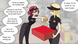 blonde_hair box burger dialogue fast_food_employee fast_food_uniform female food mcdonald's red_hair speech_bubble tragictfs weight_gain
