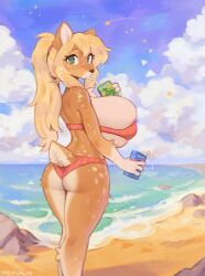 1girls almond_(waspsalad) beach bikini blonde_hair deer_ears deer_girl deer_tail doe female furry green_eyes huge_breasts juice_box pink_bikini ponytail tagme third-party_edit waspsalad