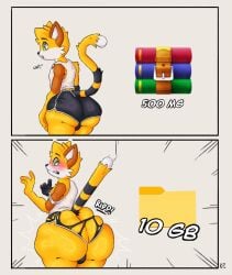 2026 absurd_res anthro balls big_butt blush bottomwear butt butt_size_difference clothing decompressed_file_meme domestic_cat embarrassed felid feline felis femboy folder genitals hi_res katxfish katxlogan male mammal nervous nipples orange_body peeking_nipple raised_tail rear_view shorts shy solo surprised tagme tail thick_thighs torn_bottomwear torn_clothing torn_shorts winrar yellow_body