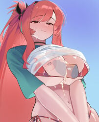 1boy 1girl bikini blue_sky breasts cum cum_on_body cum_on_breasts dismassd from_below goddess_of_victory:_nikke high_ponytail highres long_hair nipple_slip nipples paizuri paizuri_under_clothes penis ponytail rapi_(nikke) rapi_(red_hood)_(nikke) rapi_(red_hood)_(red_flavor)_(nikke) red_bikini red_eyes see-through_clothes sidelocks sky smile standing swimsuit very_long_hair