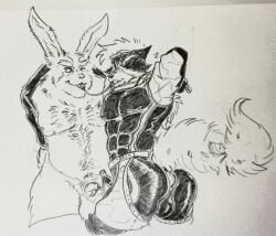 anal anal_penetration anthro arm_restraints black_body black_fur body_hair bodysuit canid canine chain_piercing chaps clothing connected_piercings crossgender duo fox ftm_crossgender fur genital_piercing genitals hand_behind_head hi_res lagomorph latex leporid male male/male mammal mr._business_(_artist_) muscular muscular_male nintendo overweight overweight_male penetration penis penis_piercing peppy_hare piercing rabbit skinsuit star_fox tight_clothing toy traditional_media_(artwork) vixy_reinard