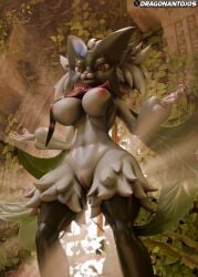 2026 3d_(artwork) absurd_res anthro areola big_breasts breast_curtains breasts clitoris detailed_background digital_media_(artwork) dragonantojos felid feline female female_anthro fur generation_9_pokemon genitals green_body hi_res looking_at_viewer mammal meowscarada meowscarada_(rarikoo) nintendo nipples pink_areola pink_nipples pokemon pokemon_(species) red_eyes solo tagme vulva