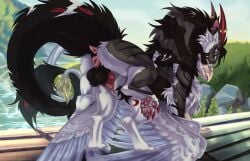 anus avian balls black_body black_fur butt claws dragon duo erection felkin female feral fur furred_dragon furred_scalie genitals gryphon hi_res horn intersex intersex/female knot maleherm maleherm/female mekk mythological_avian mythological_creature mythological_scalie mythology pawpads penetration penis pink_anus pink_knot pink_pawpads pink_penis pink_vulva red_claws red_horn scalie vaginal vaginal_penetration vulva white_body white_claws white_fur
