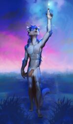 abs anthro athletic balls black_nose blue_eyes blue_hair braided_hair canid canine canis cheek_tuft cool_colors detailed_background facial_tuft flaccid foreground_silhouette foreskin front_view full-length_portrait genitals gesture hair hand_gesture hi_res humanoid_genitalia humanoid_penis korichi looking_up magic male male_anthro mammal nude open_mouth outside pecs penis plantigrade pointing pointing_up portrait solo standing tuft unretracted_foreskin wolf