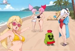 5girls big_ass big_breasts bikini black_eyes blonde_hair brawl_stars colette_(brawl_stars) colettelover girl janet_(brawl_stars) melodie_(brawl_stars) meme pink_hair piper_(brawl_stars) sea sexy smile spike_(brawl_stars) starr_nova_(brawl_stars) sunglasses swimsuit white_hair
