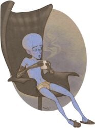 1boy 2012 alien alien_humanoid bald blue_body blue_skin blue_skinned_male bulge bulge_through_clothing dreamworks dreamworks_animation drinking_coffee homosexual homosexual_male humanoid male/male male_only megamind megamind_(character) non-human not_furry pacific_data_images panties paramount_pictures penis penis_bulge penis_outline tagme