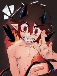 3:4 absurd_res arlo_(xing1) back_wings balls black_hair curved_horn demon demon_humanoid devil_horns_(gesture) erection fangs foreskin genitals gesture grin hair half-closed_eyes hand_gesture hi_res horn humanoid humanoid_genitalia humanoid_penis humanoid_pointy_ears male narrowed_eyes nude penis pointy_ears smile solo spade_tail tail teeth wings xing1