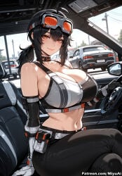 1girl ahoge ai_assisted ai_generated bangs bare_shoulders belt black_hair black_pants blush breasts choker cleavage collarbone curvaceous curvy curvy_female curvy_figure elbow_gloves eyewear_on_head female gloves grace_howard ground_vehicle hair_between_eyes huge_breasts large_breasts lips long_hair looking_at_viewer midriff miyuai motor_vehicle motorcycle navel pants sidelocks sitting smile solo thick thick_ass thick_butt thick_hips thick_legs thick_thighs voluptuous voluptuous_female wide_hips wide_thighs window zenless_zone_zero