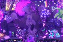 1boy abs ass ass_focus ass_up asshole balls ballsack bedroom boombox boxers_(clothing) bracelets bright_lights canine canine_teeth cans carpet_floor chains chocker clock dark_gray_body dark_gray_fur fe7r8iode fingerless_gloves foxy_plush furry furry_only gamecube_controller glowing_eyes glowing_fur glowing_glasses glowing_markings high_quality high_resolution house_plant jacket_open kaiju_paradise lava_lamp legs legs_apart legs_spread legs_up male male_only monster_energy_drink muscular muscular_anthro muscular_male nightshade_(kaiju_paradise) peace_sign pierced_ears pierced_nipples pierced_penis piercings pizza pizza_box poster_(object) pride_flag raytraxian relaxed_expression roblox roblox_game septum_piercing snout sofa spiked_collar stickers thick_ass thick_thighs tounge_out tounge_piercing