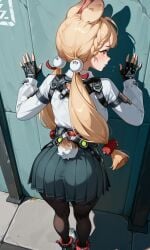 alice_thymefield animal_ears arms_above_head arrest arrested back blonde_hair braided_twintails heterochromia long_hair pantyhose worried