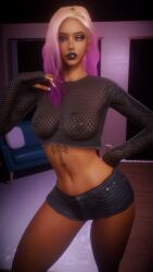 1girl 1girls 2026 3d 4k areola areolae background belly belly_button big_lips black_eyeshadow black_lipstick blonde_female blonde_hair blue_eyes bnwo breasts brown_skin brown_skinned_female chromatic_aberration clothed clothing crashbanditkut depth_of_field detailed_background eyebrows eyelashes eyeshadow female hair half-closed_eyes hi_res high_resolution highres hourglass_figure hourglass_figured_female human indoors inside light-skinned_female light_skin lips lipstick long_eyelashes long_hair long_nails looking_at_viewer makeup mascara multicolored_hair nail_polish nails navel night nipples nose_piercing original original_character parted_lips piercing pinup purple_hair qos qos_tattoo queen_of_spades queen_of_spades_symbol queen_of_spades_tattoo ring_piercing room see-through see-through_clothing self_upload shirt shorts small_breasts snowbunny solo solo_female solo_focus standing straight tagme tattoo tattoo_on_belly tattooed_arm tattoos tattoos_everywhere thick thick_lips thick_thighs thighs tummy virt-a-mate virtamate young young_female