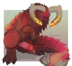 2018 animal_genitalia animal_penis big_horn bodily_fluids brute_wyvern capcom claws clubbed_tail colored cum cum_drip curved_horn dripping duramboros erection feral genital_fluids genitals geometric_background gradient_penis horn larynkir male mane monster_hunter penis plate qwertydragon red_body red_mane red_scales ridges scales scalie shaded simple_background solo standing tail thick_tail vein veiny_penis weapon_tail yellow_eyes