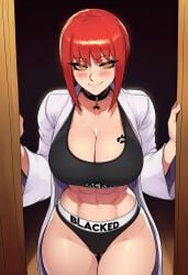 abs adult_female ai_generated bell_collar blacked blacked_clothing blacked_tattoo blush chainsaw_man collar doorway horny interracial inviting_to_sex makima_(chainsaw_man) milf red_hair sidelocks yellow_eyes
