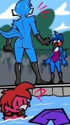 1girls 2boys ass avian birbpan female male nude pan_(birbpan) pool tagme