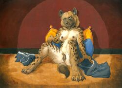 2016 animal_genitalia big_clitoris blonde_hair breasts brown_fur clitoris clothing female fur hair hyena mammal nude pillow pseudo-penis pussy scale_(artist) solo spread_legs spreading underwear