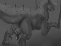 4:3 absurd_res after_sex balls big_balls bodily_fluids cum cum_in_ass cum_inside cum_on_balls cum_on_face cum_on_penis dragon feral fin genital_fluids genitals greyscale hi_res leaking_cum looking_at_viewer male monochrome muse_(nimstail) mythological_creature mythological_scalie mythology nimstail penetration penis presenting rear_view satisfied_look scalie smile smirk solo