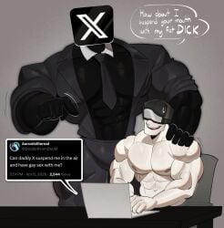 2boys app_logo apphuman bara big_muscles docbotfromdoom dymitr3 dymitr3_error gay goggles goggles_on_face goggles_on_head goggles_only humanized imminent_fellatio imminent_gay_sex imminent_oral imminent_sex male/male male_only muscular muscular_male newgrounds oc original_character square_head suit suit_and_tie suit_jacket tankman tankman_(newgrounds) tankman_oc tankmen twitter twitter_logo twitter_x_logo unusual_head wearing_goggles x x_(social_media) x_logo