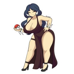 alxdraws cleavage drasna_(pokemon) gigantic_breasts high_heels huge_breasts long_hair pokeball tagme thick_thighs